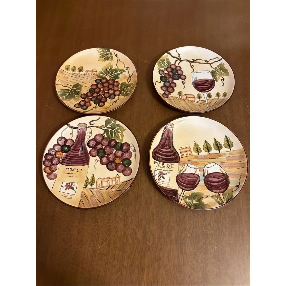 Il Caffe Grande Four Dessert Decorative Plates Red Grape Vineyard Merlot Glass